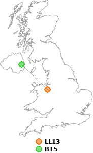 map showing distance between LL13 and BT5