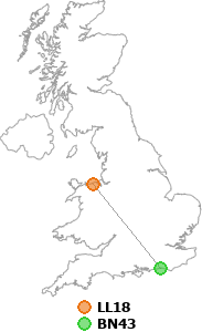 map showing distance between LL18 and BN43