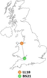 map showing distance between LL18 and BS21