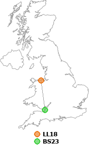 map showing distance between LL18 and BS23