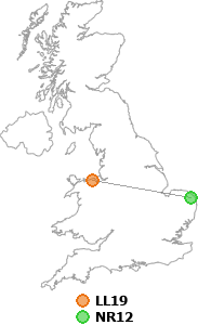 map showing distance between LL19 and NR12