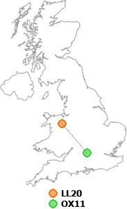 map showing distance between LL20 and OX11