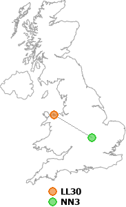 map showing distance between LL30 and NN3