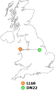map showing distance between LL68 and DN22