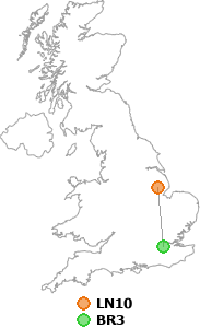 map showing distance between LN10 and BR3