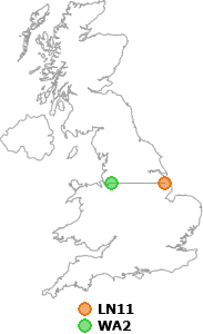 map showing distance between LN11 and WA2