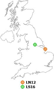 map showing distance between LN12 and LS16