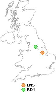 map showing distance between LN5 and BD1