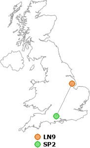 map showing distance between LN9 and SP2