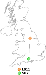 map showing distance between LS11 and SP2