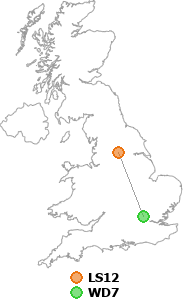 map showing distance between LS12 and WD7
