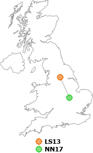 map showing distance between LS13 and NN17