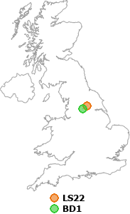 map showing distance between LS22 and BD1