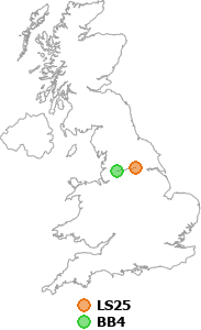 map showing distance between LS25 and BB4