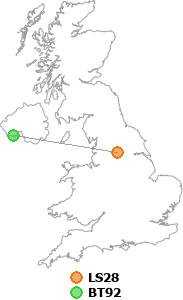 map showing distance between LS28 and BT92