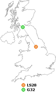 map showing distance between LS28 and G32