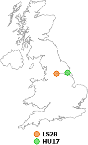 map showing distance between LS28 and HU17