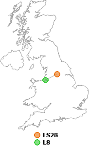 map showing distance between LS28 and L8