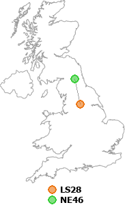 map showing distance between LS28 and NE46