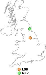 map showing distance between LS8 and NE2