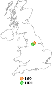 map showing distance between LS9 and HD1