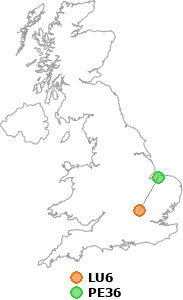 map showing distance between LU6 and PE36