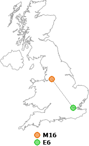 map showing distance between M16 and E6