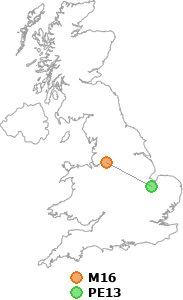 map showing distance between M16 and PE13