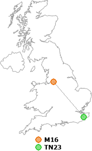 map showing distance between M16 and TN23