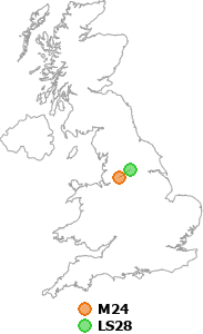 map showing distance between M24 and LS28