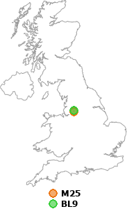 map showing distance between M25 and BL9