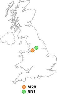 map showing distance between M28 and BD1