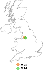map showing distance between M28 and M14