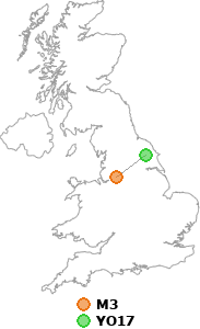 map showing distance between M3 and YO17