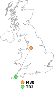map showing distance between M30 and TR2