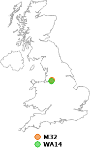map showing distance between M32 and WA14