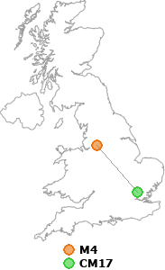 map showing distance between M4 and CM17