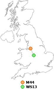 map showing distance between M44 and WS13