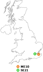 map showing distance between ME10 and SE21