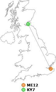 map showing distance between ME12 and KY7