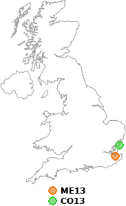 map showing distance between ME13 and CO13