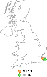 map showing distance between ME13 and CT16