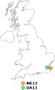 map showing distance between ME13 and DA13