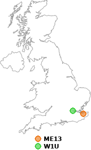 map showing distance between ME13 and W1U