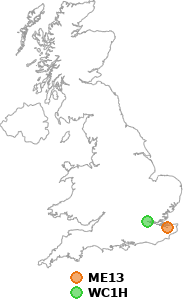 map showing distance between ME13 and WC1H