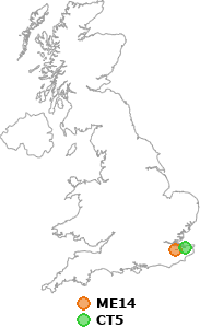 map showing distance between ME14 and CT5