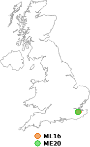 map showing distance between ME16 and ME20