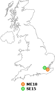 map showing distance between ME18 and SE15