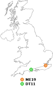 map showing distance between ME19 and DT11