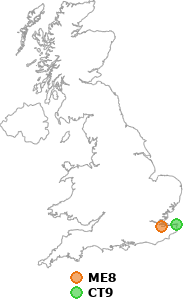 map showing distance between ME8 and CT9